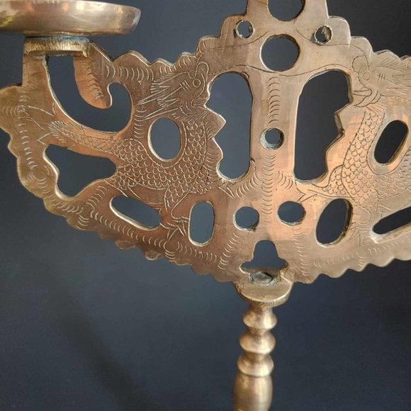 Vintage Chinese Brass Hand Engraved Dragons Candelabra 3 Candle 10" Candlestick - Picture 3 of 8